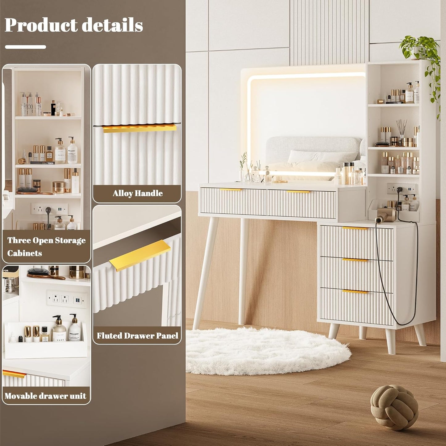 Vanity Desk with Mirror and Lights, Makeup Vanity Desk with Power Outlet, Makeup Desk with 5 Drawers&Storage Shelves, Vanity Table 3 Color Modes Adjustable Brightness Dressing Table Set for Bedroom