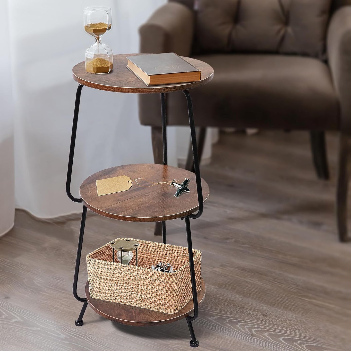 Small Side Table, 3 Tier round End Table Slim Accent Table Industrial Vintage Nightstand, Metal Frame and Rustic Wood Coffee Table for Small Spaces, Bedroom, Living Room (Brown)