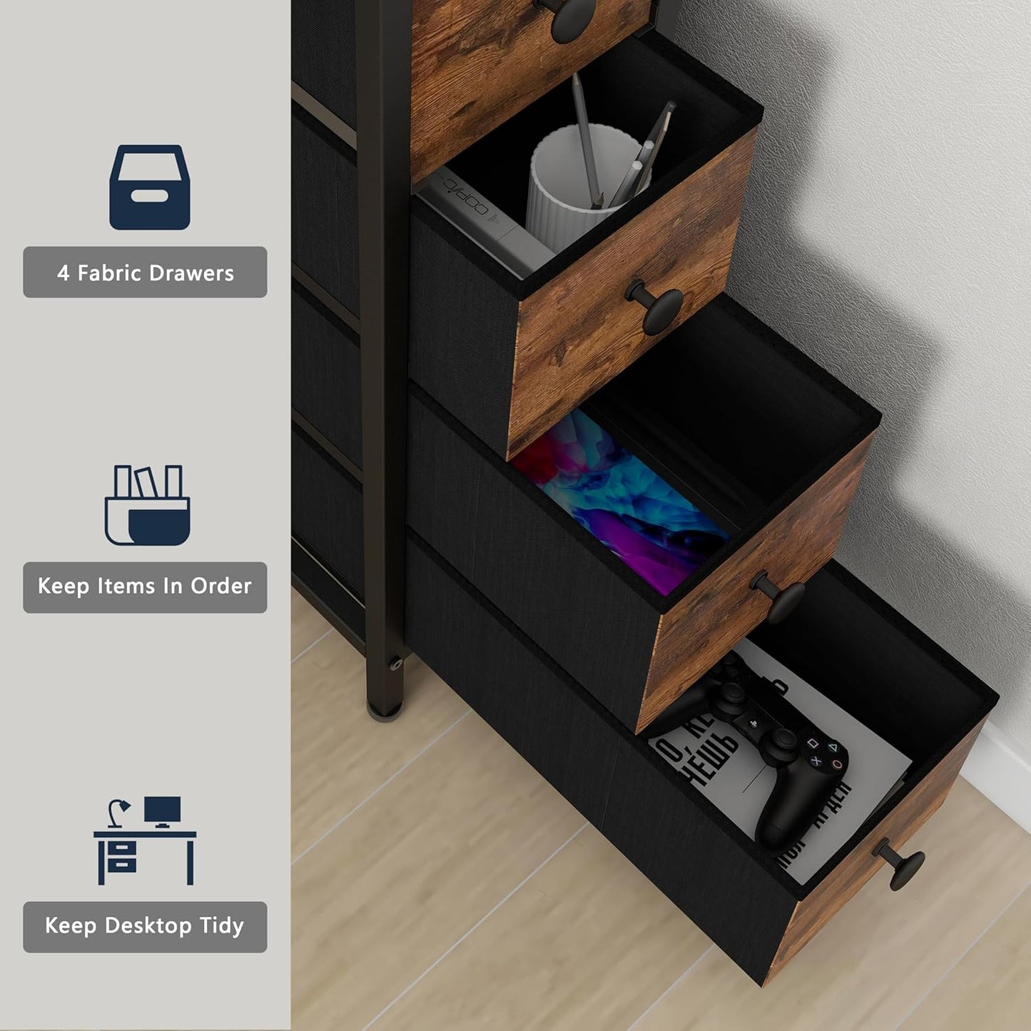 Corner Desk with Drawers Shelves for Small Space 90 Degrees Triangle Computer Desk with Power Outlets,Gaming Desk with LED Lights Monitor Stand for Home Office Workstation Writing Table (Brown)