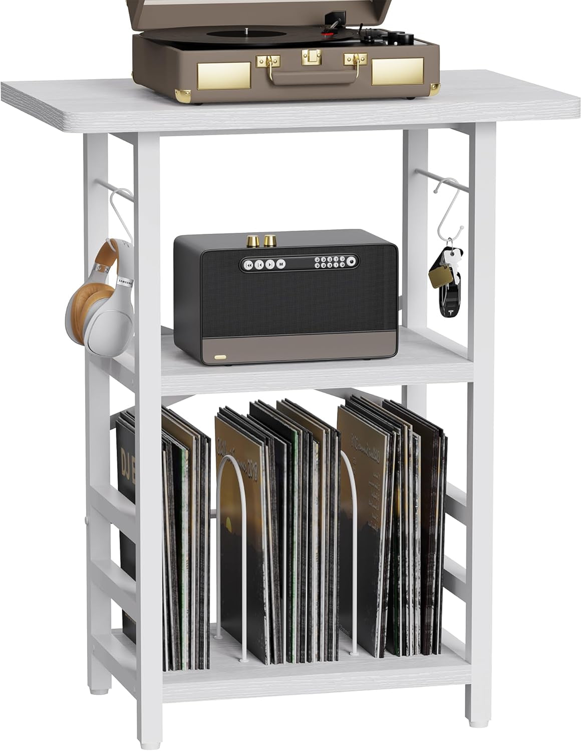 Record Player Stand with Extended Desktop,Large Record Player Table with Vinyl Storage,Turntable Stand with Record Holder Vinyls Display Shelf for Music Room Studio,White