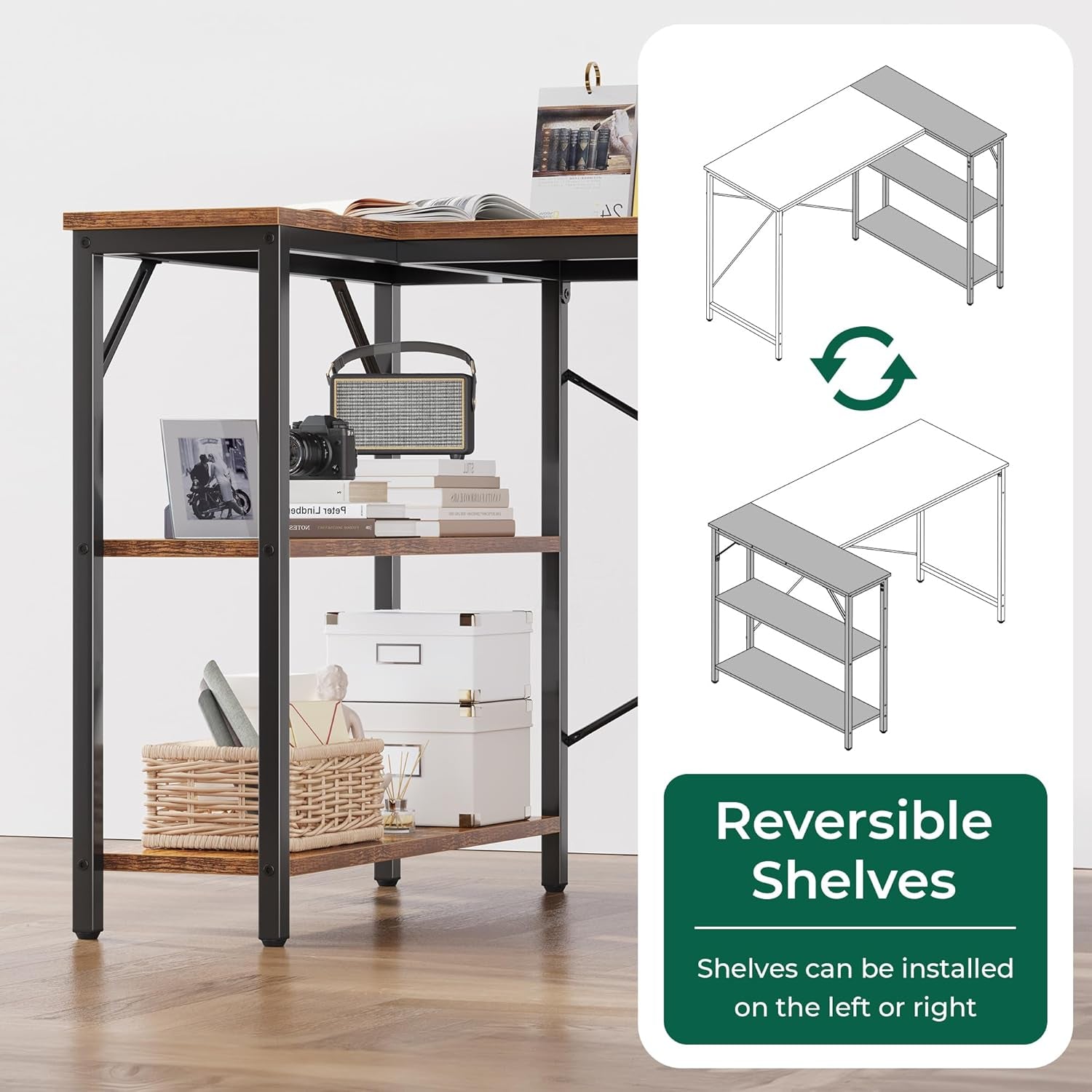 47 Inches L Shaped Desk, Computer Desk with Reversible Storage Shelves, for Gaming Corner Home Office Writing Study, Metal Frame, Rustic Brown