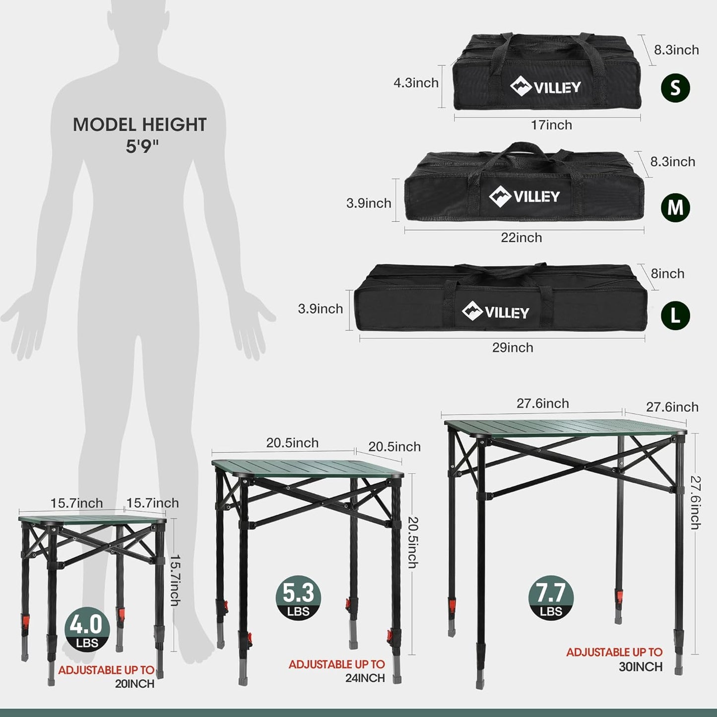 Folding Camping Square Table with Carry Bag, Lightweight Aluminum Adjustable Square Table for Outdoor, Camping, Picnic, Backyards, BBQ (S)