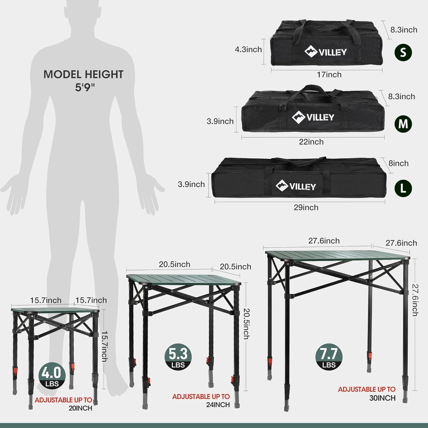 Folding Camping Square Table with Carry Bag, Lightweight Aluminum Adjustable Square Table for Outdoor, Camping, Picnic, Backyards, BBQ (S)