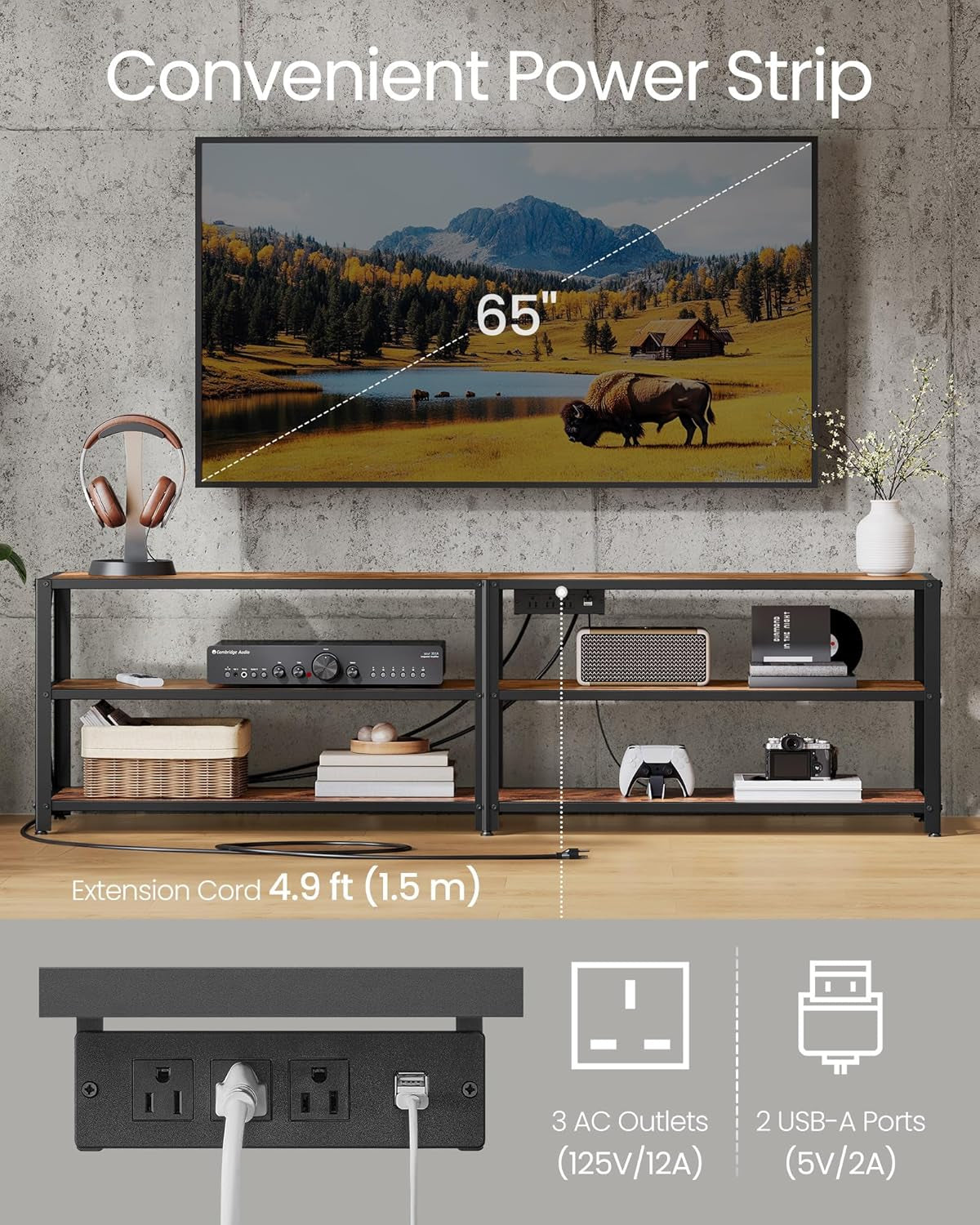 TV Stand with Power Outlets and LED Lights, for Tvs up to 75 Inches, Entertainment Center with Open Storage Shelves, TV Console Table for Living Room, Rustic Brown and Ink Black ULTV119K01