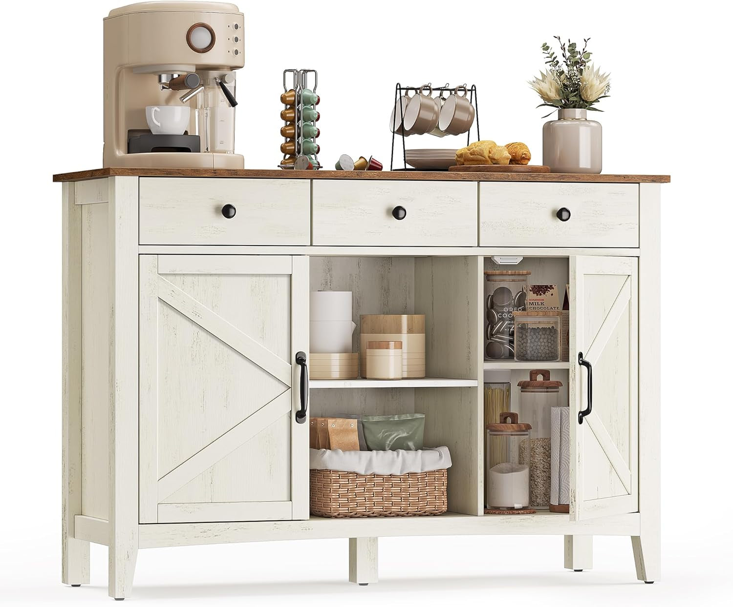 LIRY Collection - Buffet Cabinet, Coffee Bar Cabinet with 3 Drawers, Adjustable Shelves, Sideboard Storage with Cable Holes, Drawer Dividers, Rustic White and Honey Brown UBBK371W01V1