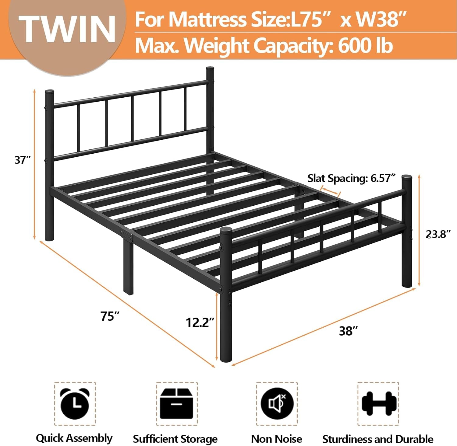 Twin Size Metal Bed Frame with Headboard & Footboard 14 Inch Metal Platform Mattress Foundation Support with Steel Slat, under Bed Storage, No Box Spring Needed