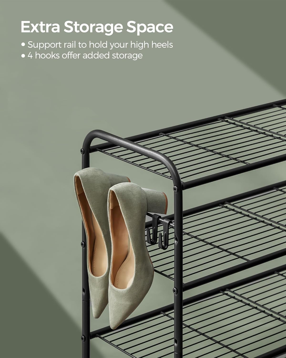 Shoe Rack, 2-Tier Shoe Organizer, Metal Shoe Shelf Storage with 4 Side Hooks, Holds 12 Pairs of Shoes, Height-Adjustable Shoe Rack for Entryway, Hallway, Closet, Easy Assembly, Ink Black