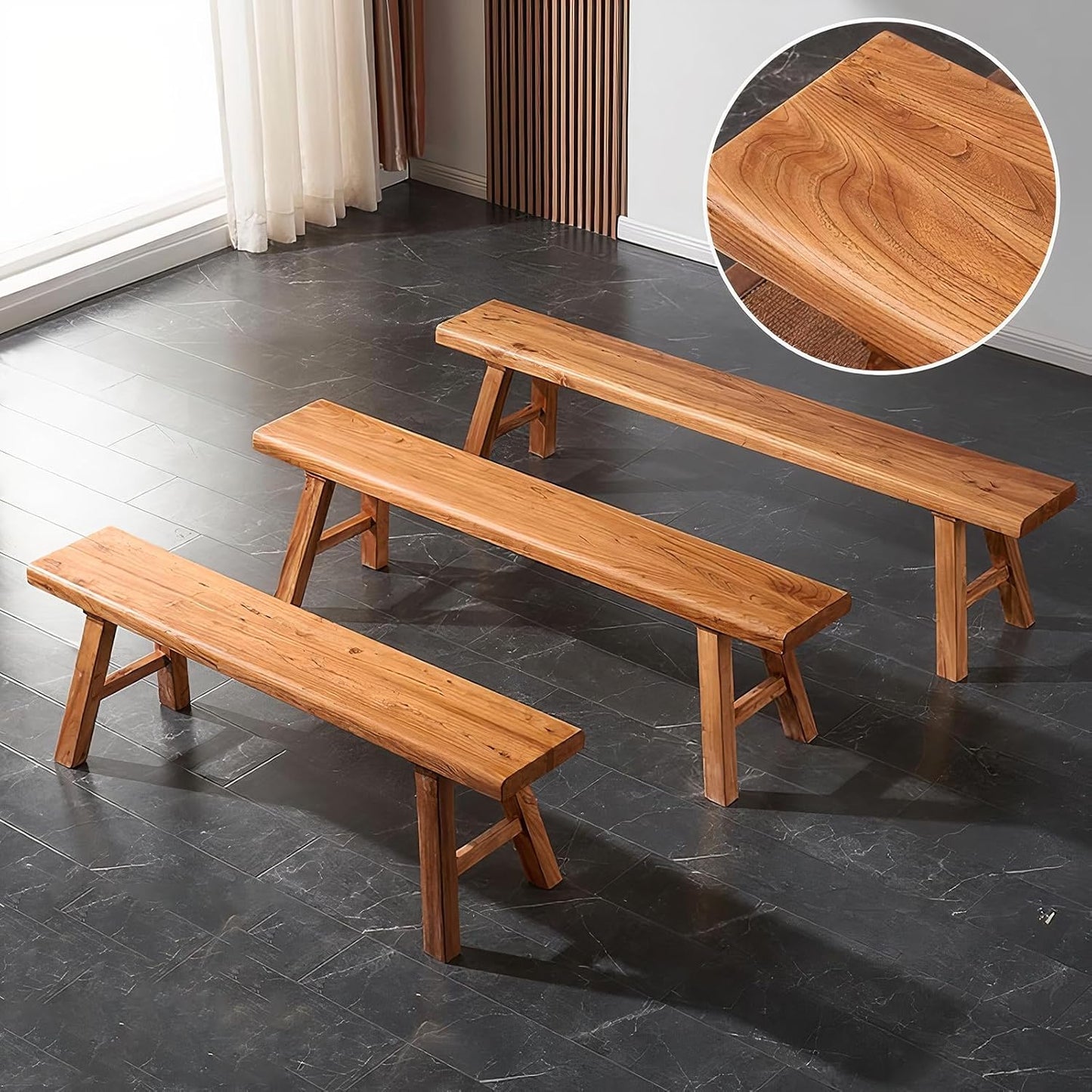 Small Farmhouse Wooden Bench Indoor - 31.5 in Entryway Bench, Natural Solid Wood, Durable and Sturdy, Suitable for Dining Room, Bedroom, Porch and Other Narrow Spaces