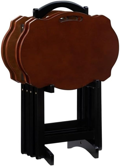 Traditional 5-Piece Okume Veneer and Solid Wood Tray Table Set with Base and Curvy Shaped Trays in Hazelnut and Black