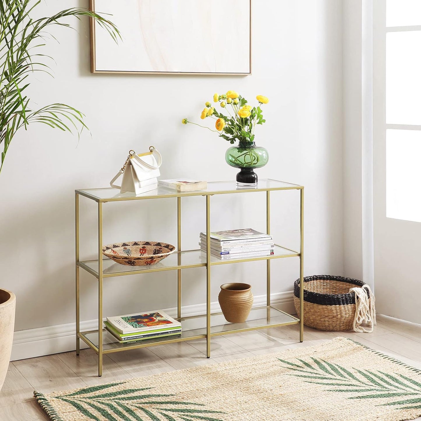 39.4 Inch Console Table with 3 Shelves, Set of 2 Sofa Tables, Modern Entryway Table, Metal Frame, Tempered Glass Shelf, Entryway Living Room Bedroom, Metallic Gold and Transparent ULGT999G01