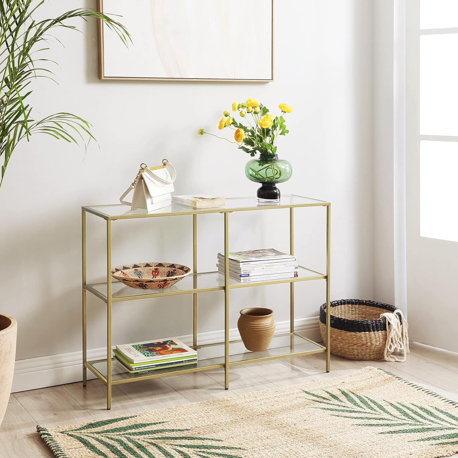 51.2 Inch Console Table with 3 Shelves, Sofa Tables, Modern Entryway Table, Metal Frame, Tempered Glass Shelf, Entryway Living Room Bedroom, Metallic Gold and Transparent ULGT024A01
