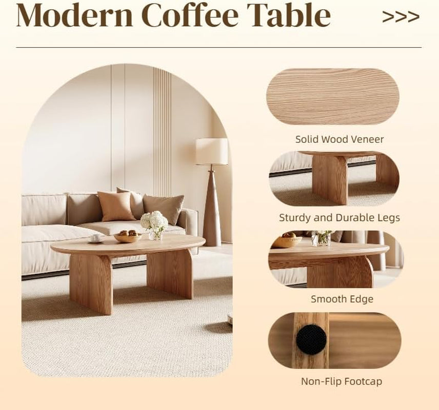 Modern Oval Coffee Table, Small Coffee Tables for Living Room - Oak Wood Top with Solid Legs, Wooden Center Table Easy Assembly for Living Room &Bedroom,Office, Natural