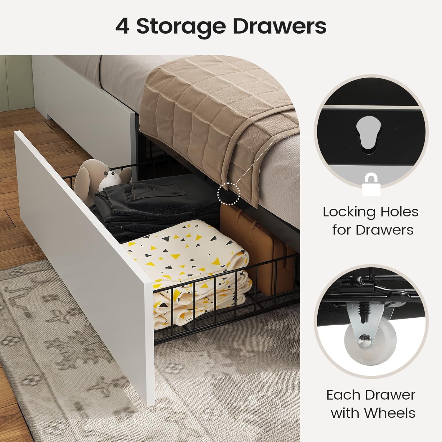 Farmhouse Queen Bed Frame with 4 Storage Drawers and Led Lights, Wooden Bed Frame Queen Size with Hidden Space Bookcase Headboard and Led Lights & Metal Slats, White