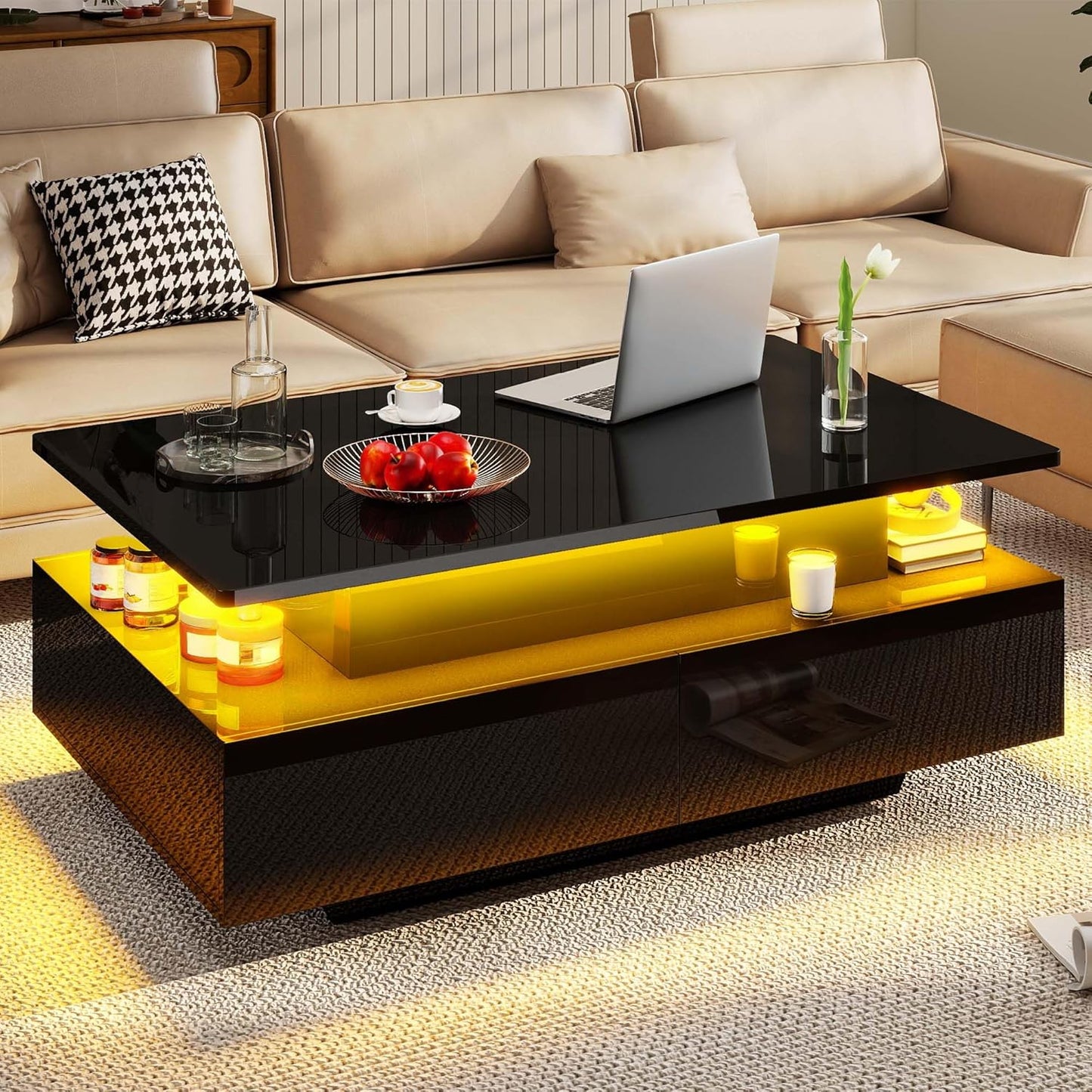 LED Lift Top Coffee Tables for Living Room, Rectangular Coffee Table with 4 Spacious Drawers, Modern Center Table with Lifting Top for Home Decor, Black