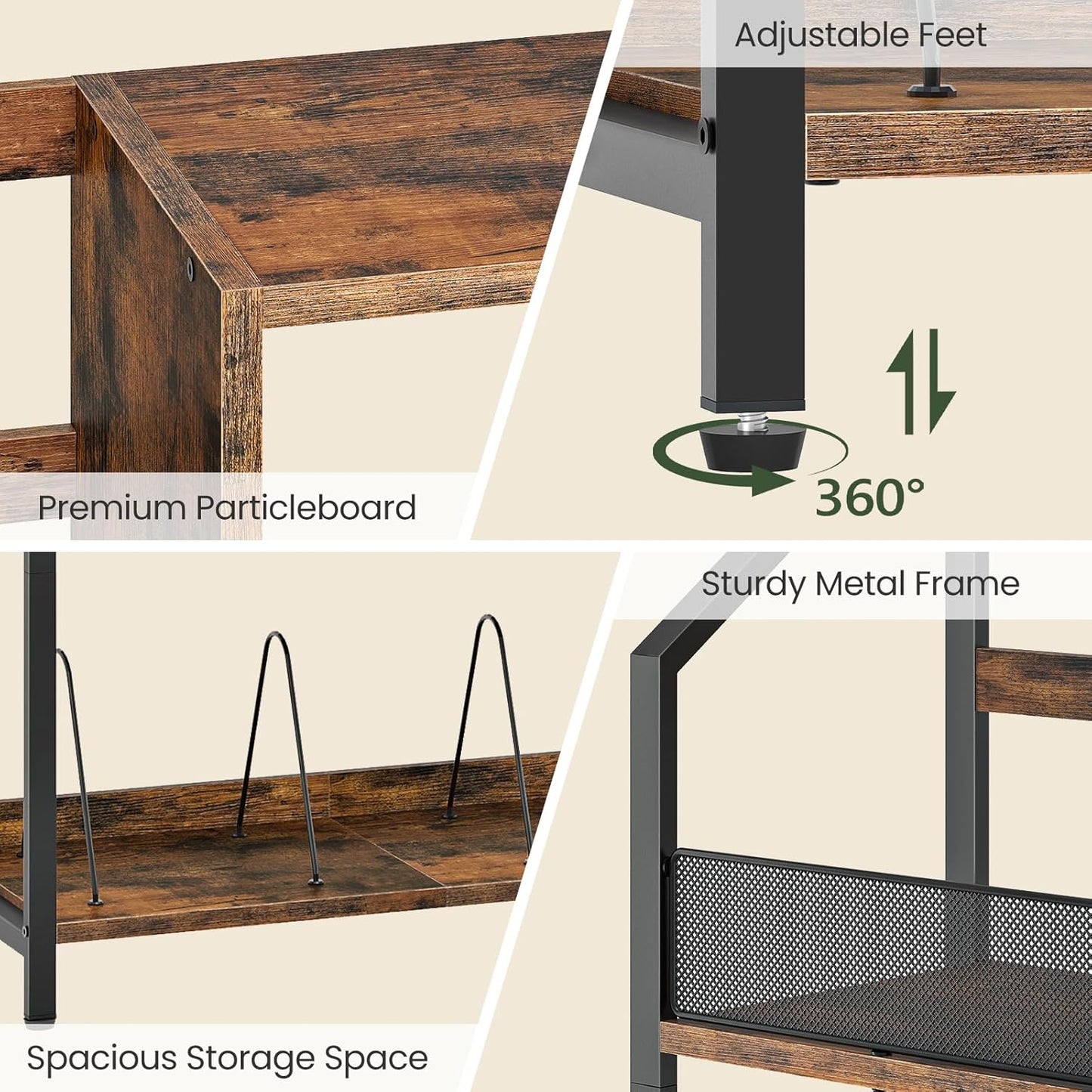 Large Record Player Stand, Vinyl Record Holder, Vinyl Display Rack, Rustic Turntable Display Stand, for Books, Rustic Brown and Black TCW08BF
