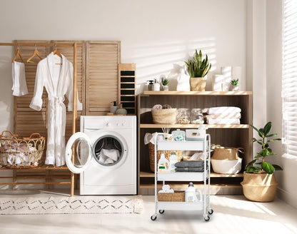 3-Tier Rolling Metal Storage Organizer - Mobile Utility Cart Kitchen Cart with Caster Wheels, White