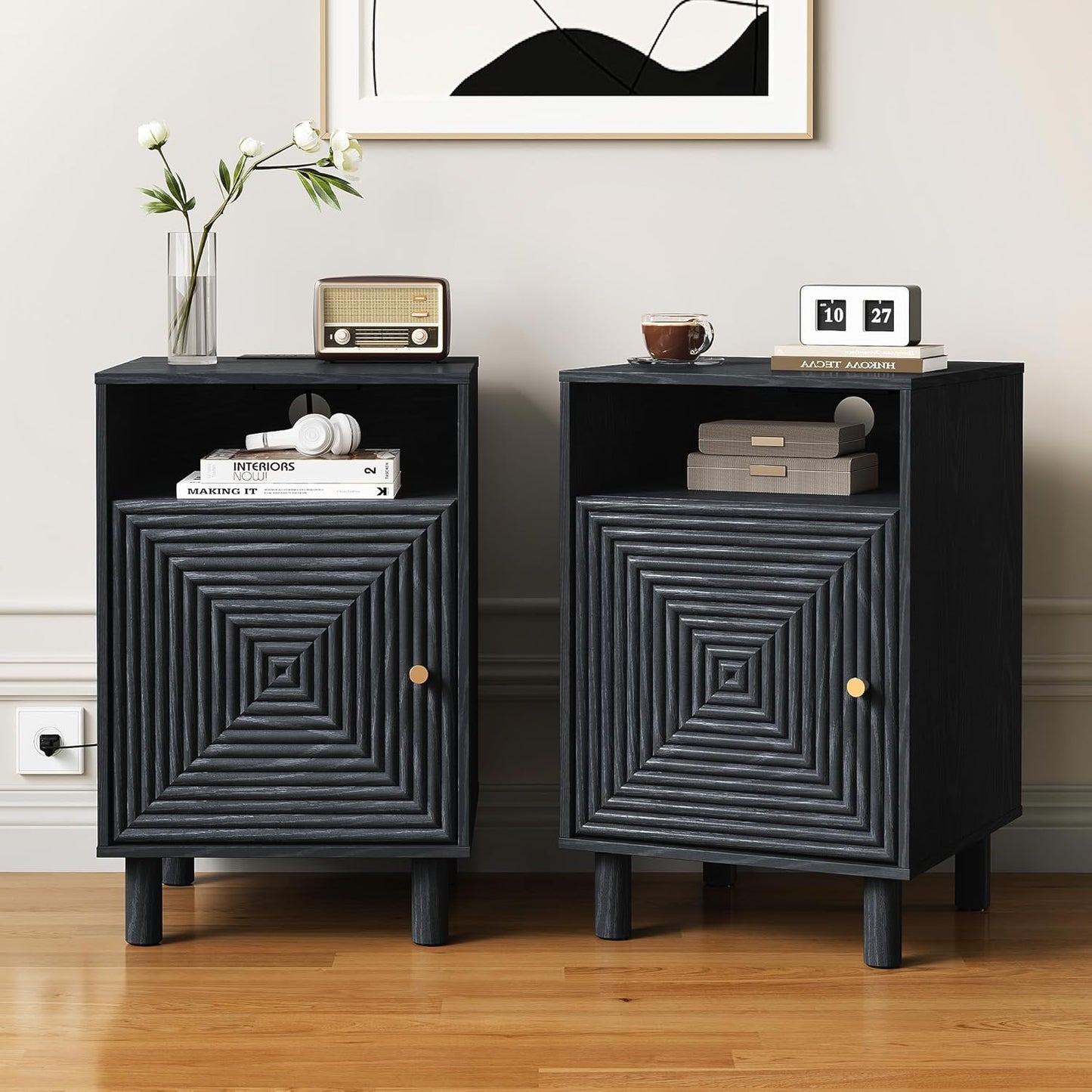 Nightstand Set of 2, Modern Side Table with Charging Station, Accent End Table with Solid Wood Legs, Bedside Table for Bedroom, Entryway, Black