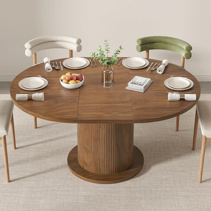 43.3 Inch 59 Inch Adjustable Size round Dining Table for 4 6, Unique Design Modern Farmhouse Kitchen Table, Circle Dining Tables with Wood Strip Base for Kitchen Living Room (Walnut)