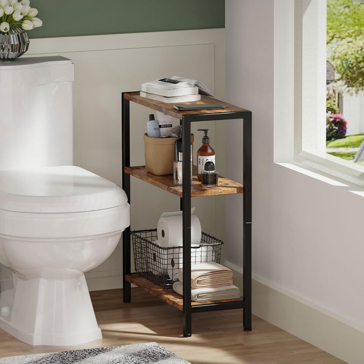 3-Tier Side Table, Small End Table, Sofa Side Table for Narrow Spaces, Slim End Table, Nightstand Table, for Living Room Bedroom Office, Rustic Brown