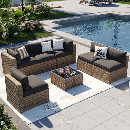 Patio Furniture Sets, 7-Piece Outdoor Furniture with Thick Cushions, Wicker Conversation Set Sectional Sofa for Backyard, Poolside, Garden