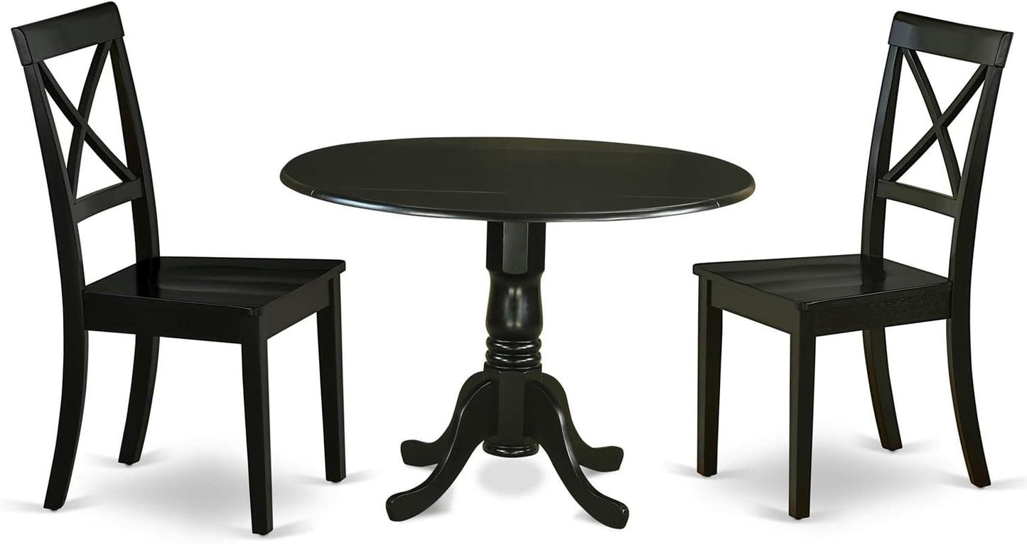 DLBO3-BLK-W 3 Piece Dining Table Set for Small Spaces Contains a round Dining Room Table with Dropleaf and 2 Wood Seat Chairs, 42X42 Inch, Black