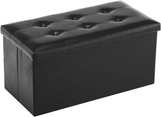Folding Storage Ottoman Bench, Faux Leather Footrest Couch for Living Room, 30 Inch Storage Bench with Padded Seat for Bedroom Hallway, Holds up to 350Lbs, Black
