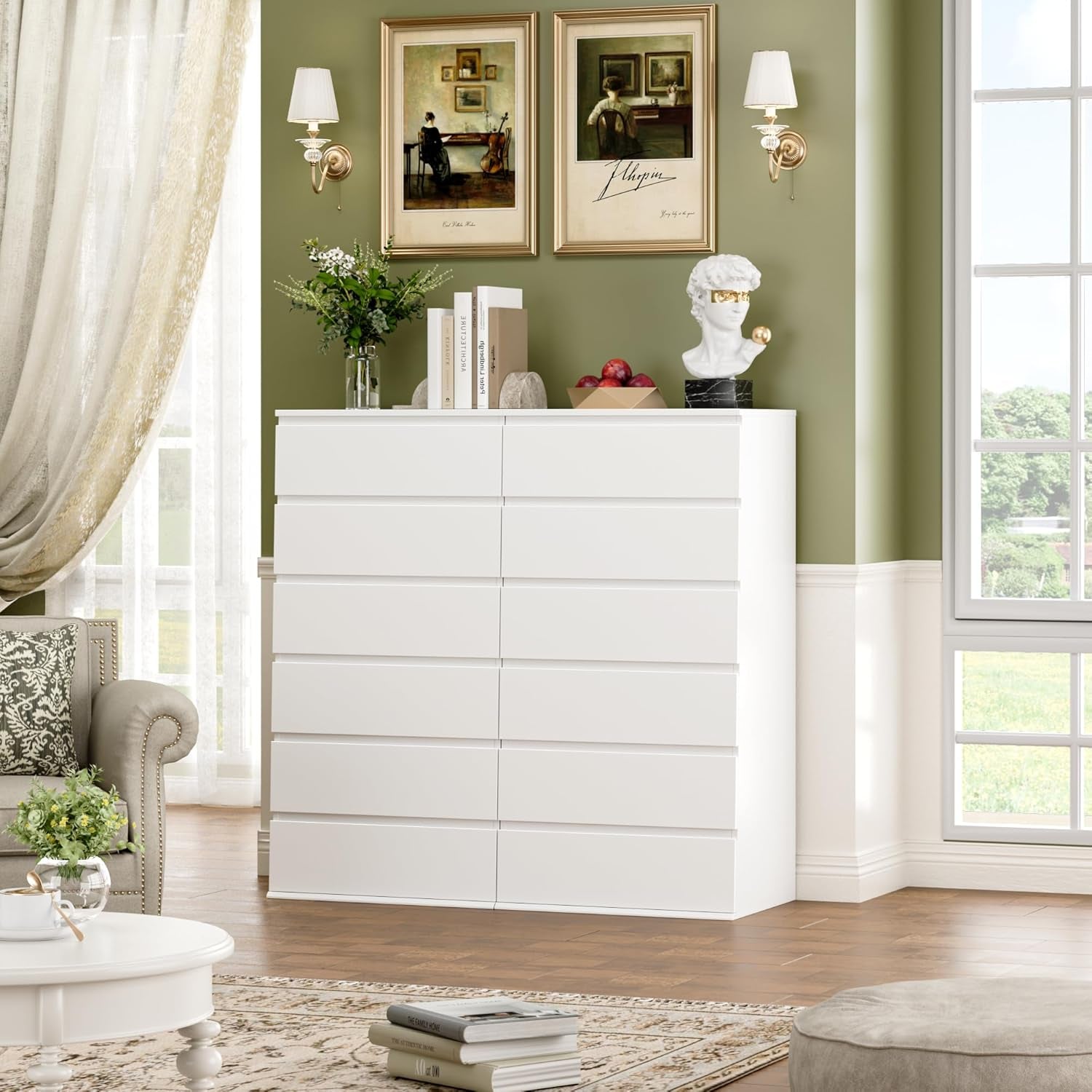 White Dresser, 6 Drawer Dresser, Modern Tall Floor Storage Cabinet with Metal Sliding Rail, Wooden Handleless Drawer Cabinet, 6-Layer Large Capacity Vertical Dressers for Home & Office