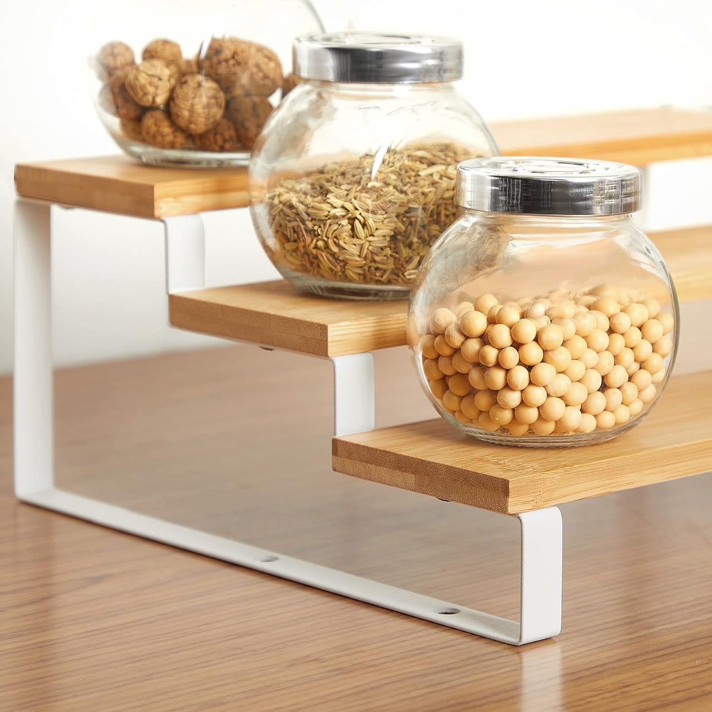 6-Piece Spice Racks Bundle, 4-Pack Spice Shelves, 2-Pack 3-Tier Spice Organizers, for Kitchen Cabinet Pantry Countertop, Bamboo with Metal Frame, Natural and White UKCS010N01 and UKCS016N02