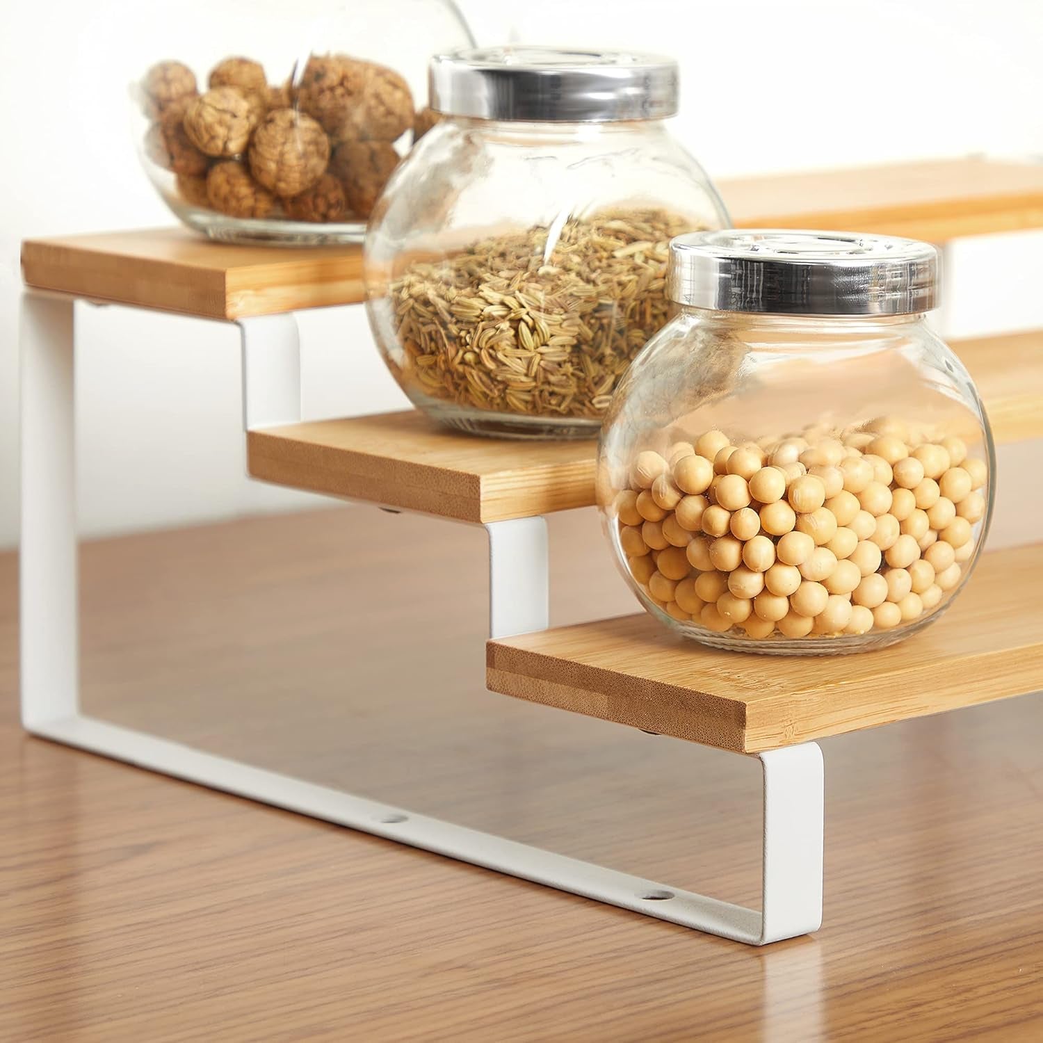 6-Piece Spice Racks Bundle, 4-Pack Spice Shelves, 2-Pack 3-Tier Spice Organizers, for Kitchen Cabinet Pantry Countertop, Bamboo with Metal Frame, Natural and White UKCS010N01 and UKCS016N02