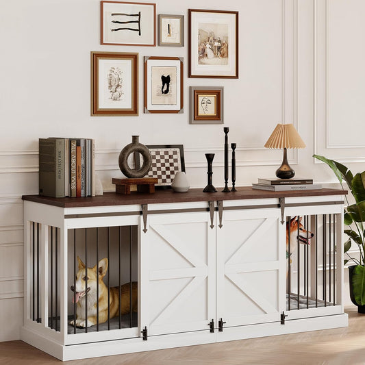 Dog Crate Furniture - Indoor Wooden Dog Kennel Furniture with Room Divider - 71"X23.6"X31.5"H, Black