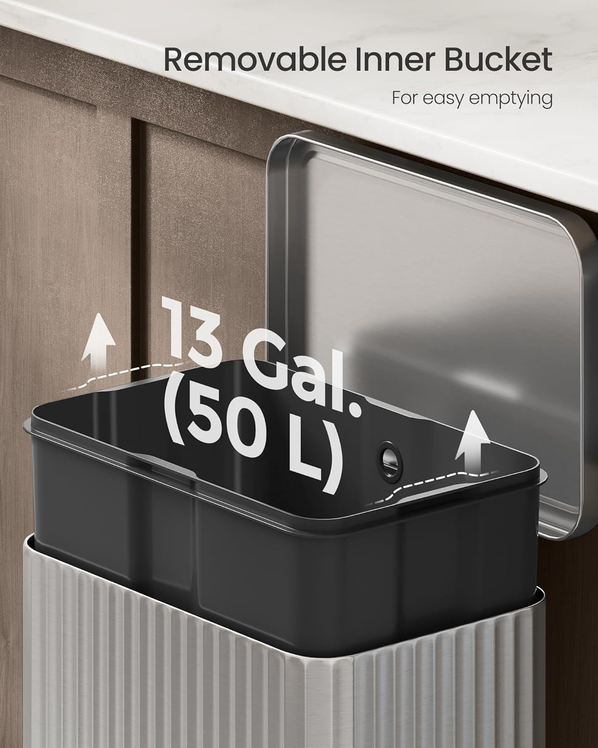 Trash Can, 13 Gallon (50 L) Garbage Can for Kitchen, with Lid, Pedal, and Removable Inner Bucket, Soft Close, Stainless Steel, 15 Trash Bags (Code K) Included, Metallic Silver ULTB586EZ01