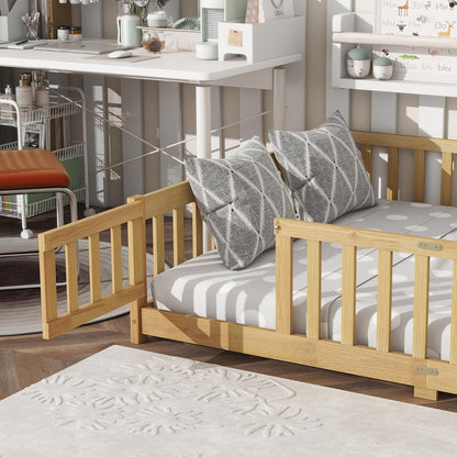 Full Size Floor Bed with Slats and Safety Guardrail, Full Size Montessori Floor Bed with Fence and Door, Easy Assemble Montessori Beds for Kids, Girls, Boys, Natural