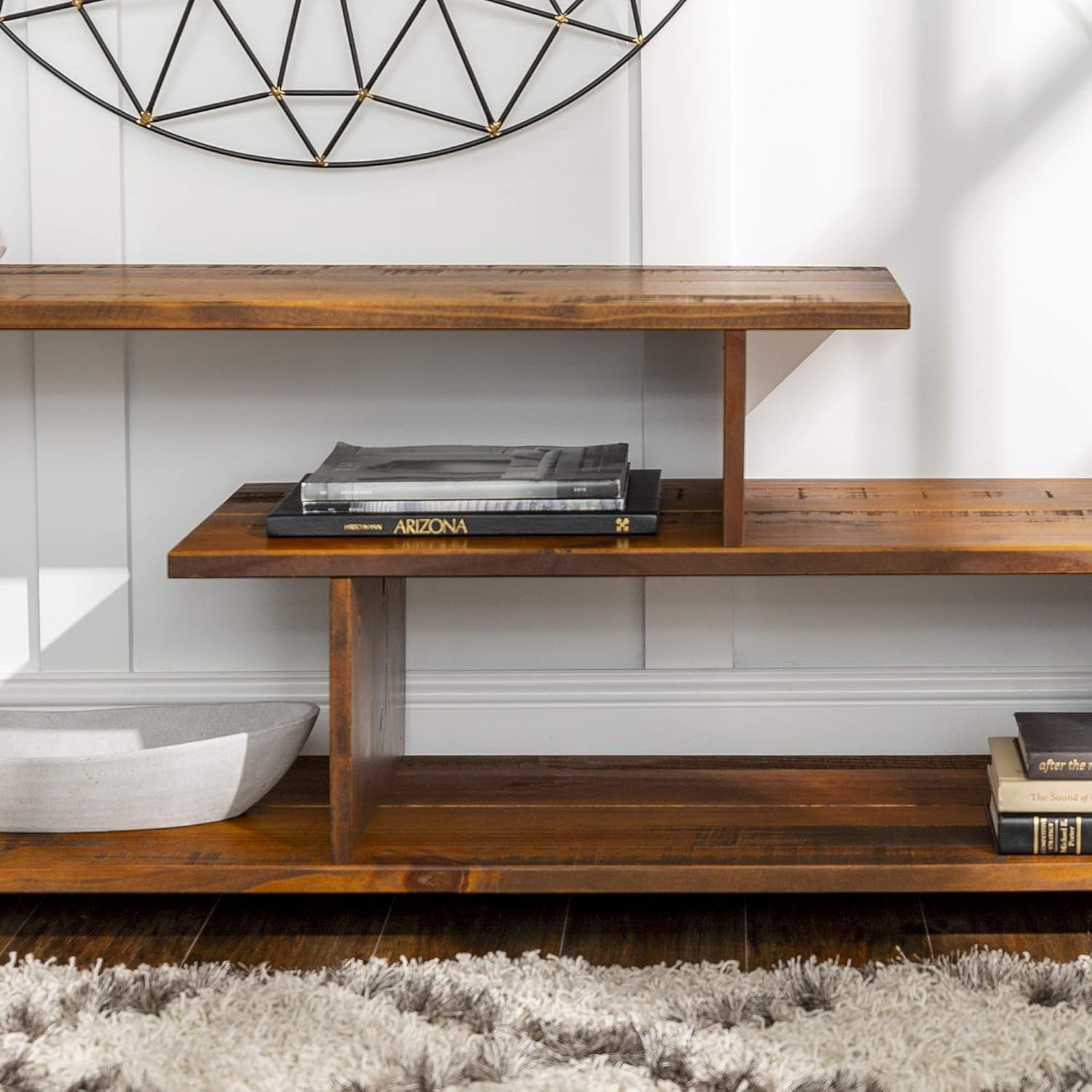 Meier Contemporary 2 Tier Asymmetrical Solid Wood TV Stand for Tvs up to 50 Inches, 60 Inch, Amber