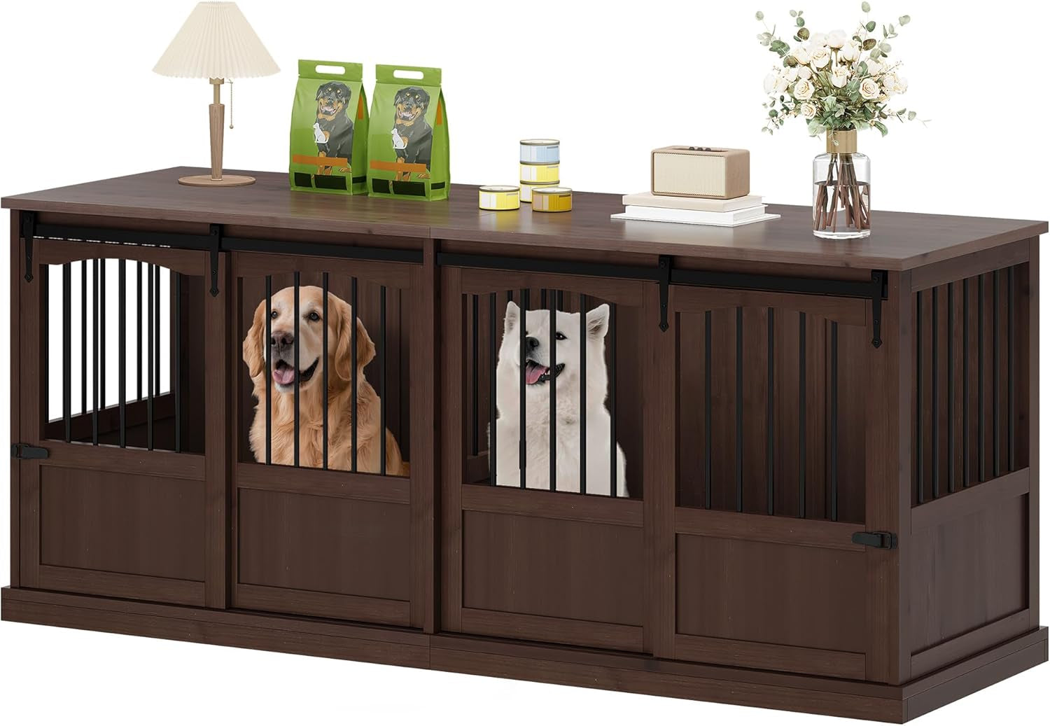 70.86" Double Dog Crate Furniture for 2 Medium Large Dogs Wooden Heavy Duty Dog Kennel Furniture with 2 Sliding Doors and Divider Decorative Dog Cage TV Stand End Table for Indoor Brown