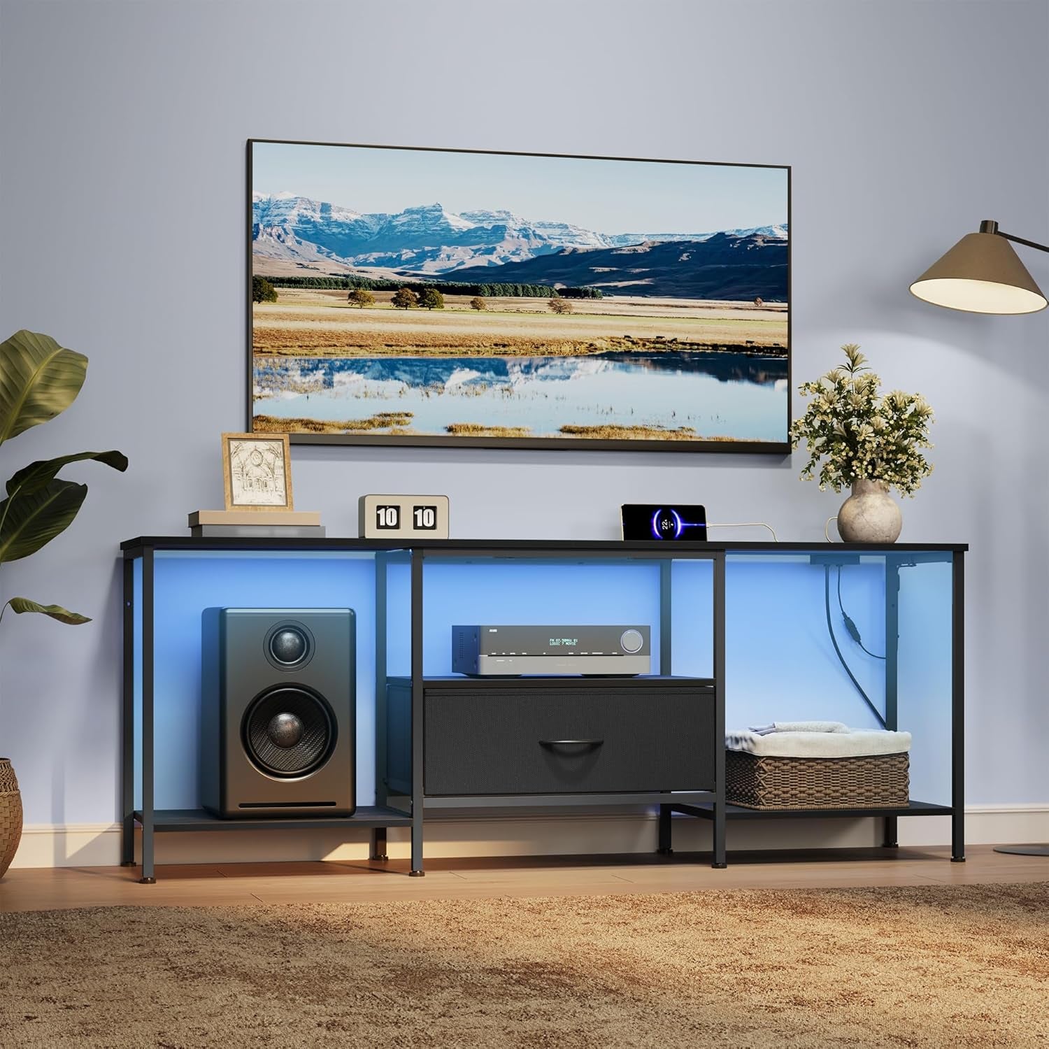 BELLAH Collection - TV Stand for Tvs up to 70 Inches, Media Console Table and Entertainment Center Unit for Living Room, with Shelves and Drawer, Steel, Modern, Ink Black ULGS131B101S