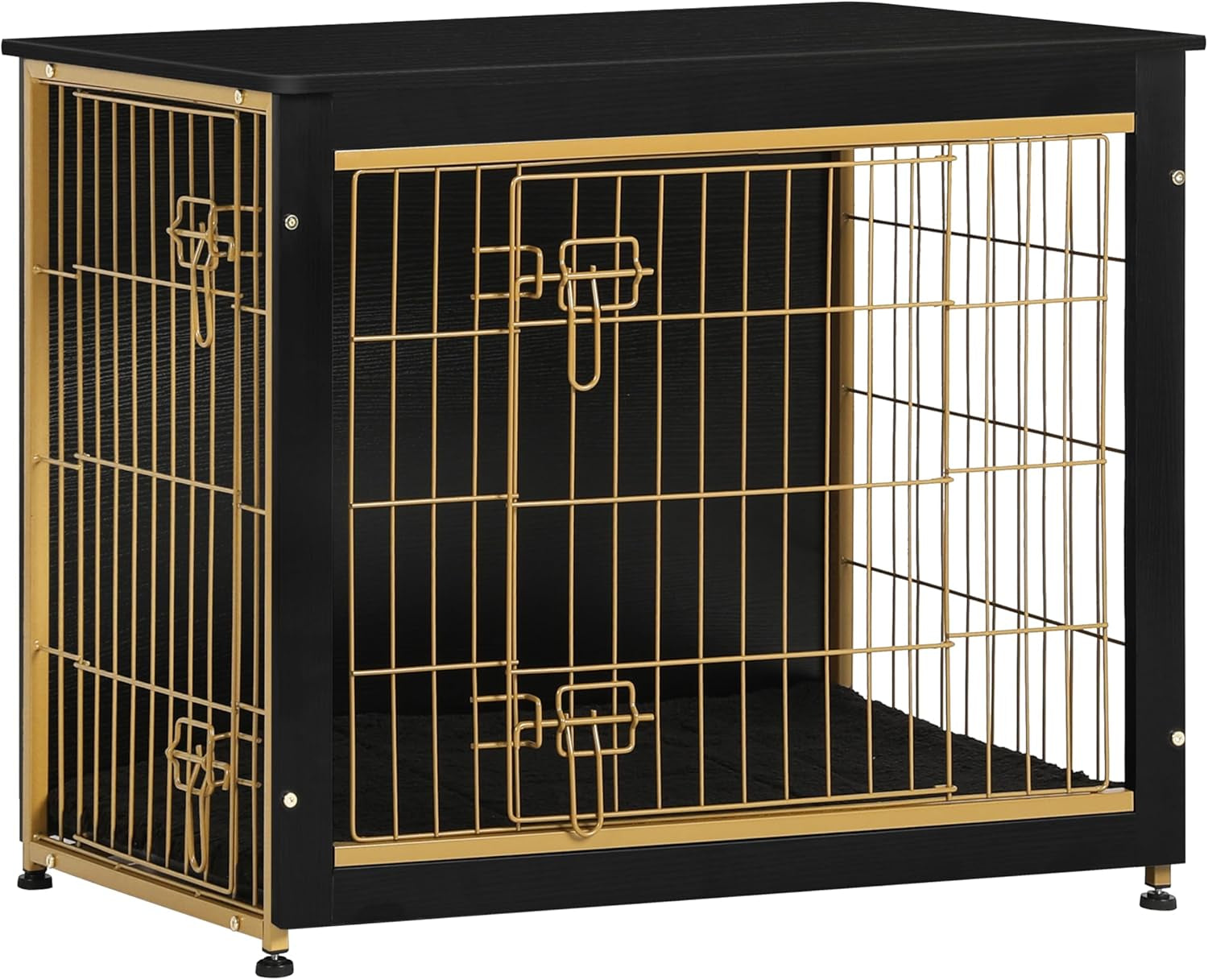 Dog Crate Furniture with Cushion, Wooden Kennel Table with Double Doors, Indoor Dog House, Medium Size, 32.5" L, Black+Gold