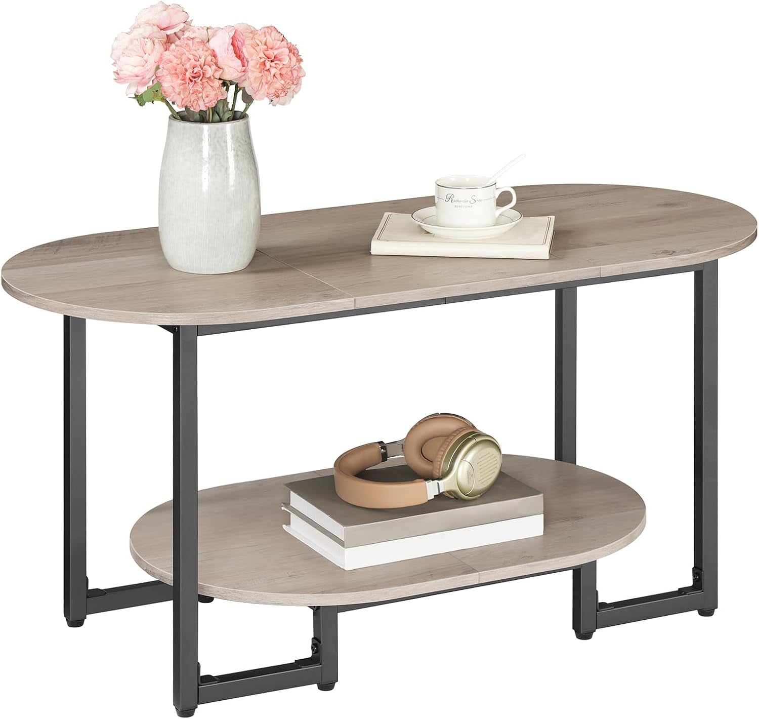 Coffee Table for Living Room, Oval Small Coffee Table with 2-Tier Open Storage Shelf, Industrial Cocktail Tea Table, Wooden Desktop Center Table, Farmhouse, Home Office, Greige BG09KF01