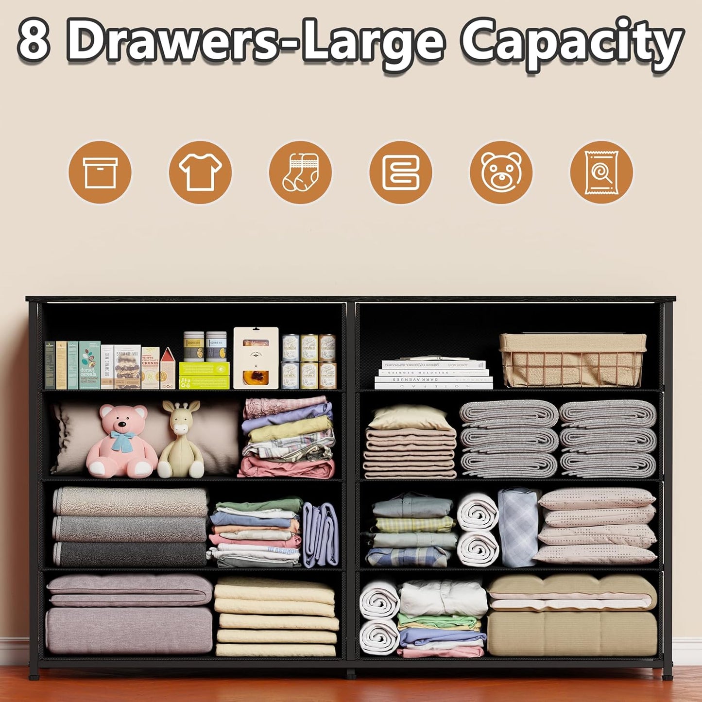 Wide Dresser with 8 Fabric Drawers, TV Entertainment Center with Storage for 55'' TV, Large Chest of Drawers for Bedroom, Living Room, Dorm, Closet, Entryway, Wood Top (Black Oak)