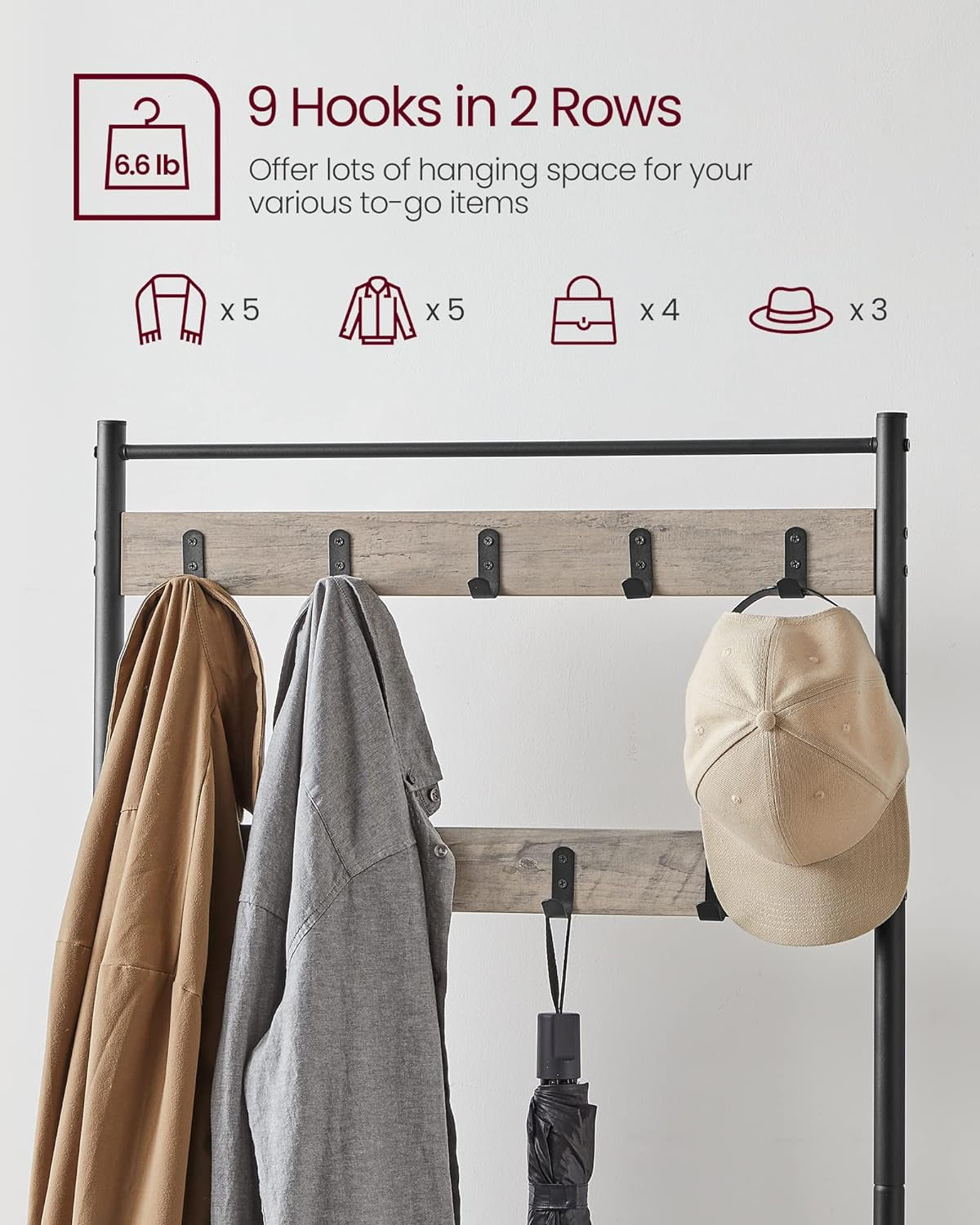 Coat Rack, Hall Tree with Shoe Storage Bench, Entryway Bench with Shoe Storage, 3-In-1, Steel Frame, for Entryway, 12.6 X 33.5 X 68.9 Inches, Industrial, Rustic Brown and Black UHSR401B01