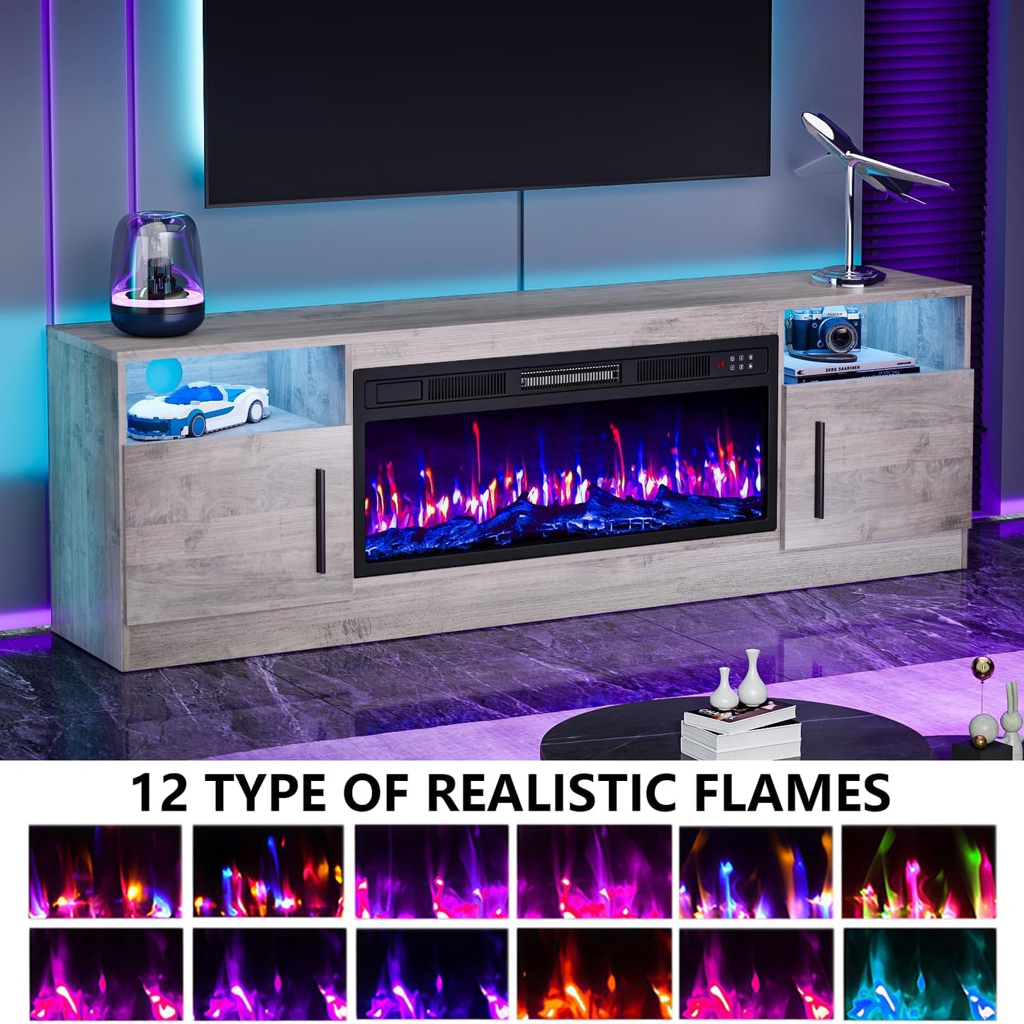 Fireplace TV Stand with 36" Fireplace up to 80" Tvs,70" Entertainment Center with LED Lights,Remote Control,Tv Media Console with Storage Cabinets for Living Room, Gray