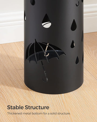 Umbrella Stand, Metal Umbrella Holder for Entryway, with Water Tray and 4 Hooks, 6.7 X 6.7 X 16.1 Inches, Round, Ink Black ULUC024B01