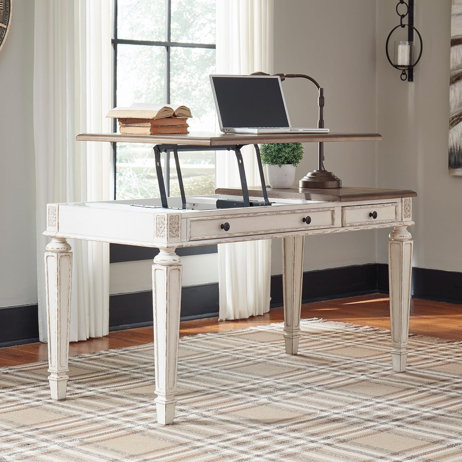 Realyn Home Office Lift Top Desk, USB Charging, Spring Lift Top, Smooth-Gliding Drawer, 60" W X 28" D X 31" H, Chipped White and Brown