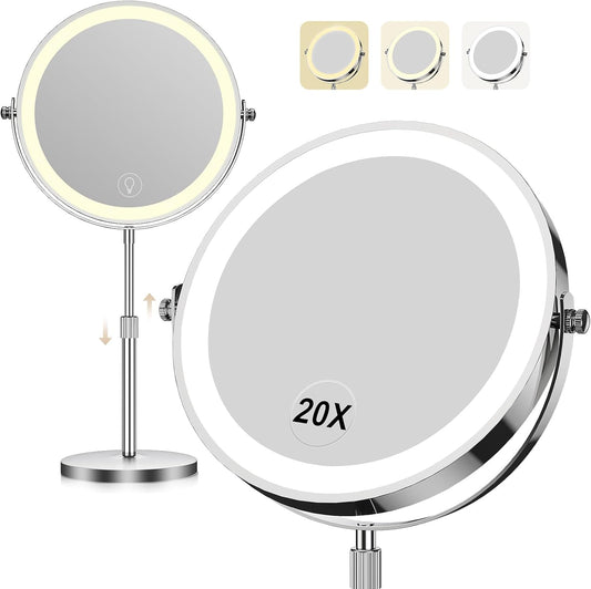 Makeup Mirror with Lights, 1X/20X 360° Rotation Vanity Mirror, Brightness Adjustable Lighted Makeup Mirror with Magnification, 5000 Mah Rechargeable Double Sided Mirror with 3 Colors, Gift for Women