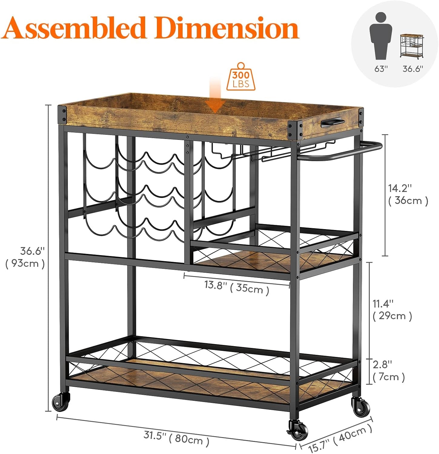 Bar Cart, Home Bar Serving Cart, 3 Tier Drink Cart with 12 Wine Bottle Racks, Liquor Beverage Cart for Kitchen Dining Livingroom, 31.5" X 15.7" X 36.6", Removable Top Tray, Rustic Brown