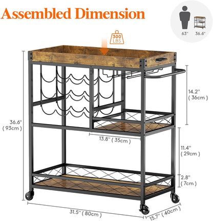 Bar Cart, Home Bar Serving Cart, 3 Tier Drink Cart with 12 Wine Bottle Racks, Liquor Beverage Cart for Kitchen Dining Livingroom, 31.5" X 15.7" X 36.6", Removable Top Tray, Rustic Brown