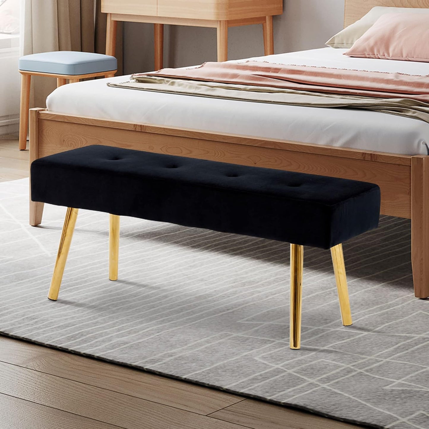 Entryway Bench, 40'' Upholstered Bedroom Benches, End of Bed Bench with Metal Legs, for Decorative, Living Room, Dining Room, Black Bench
