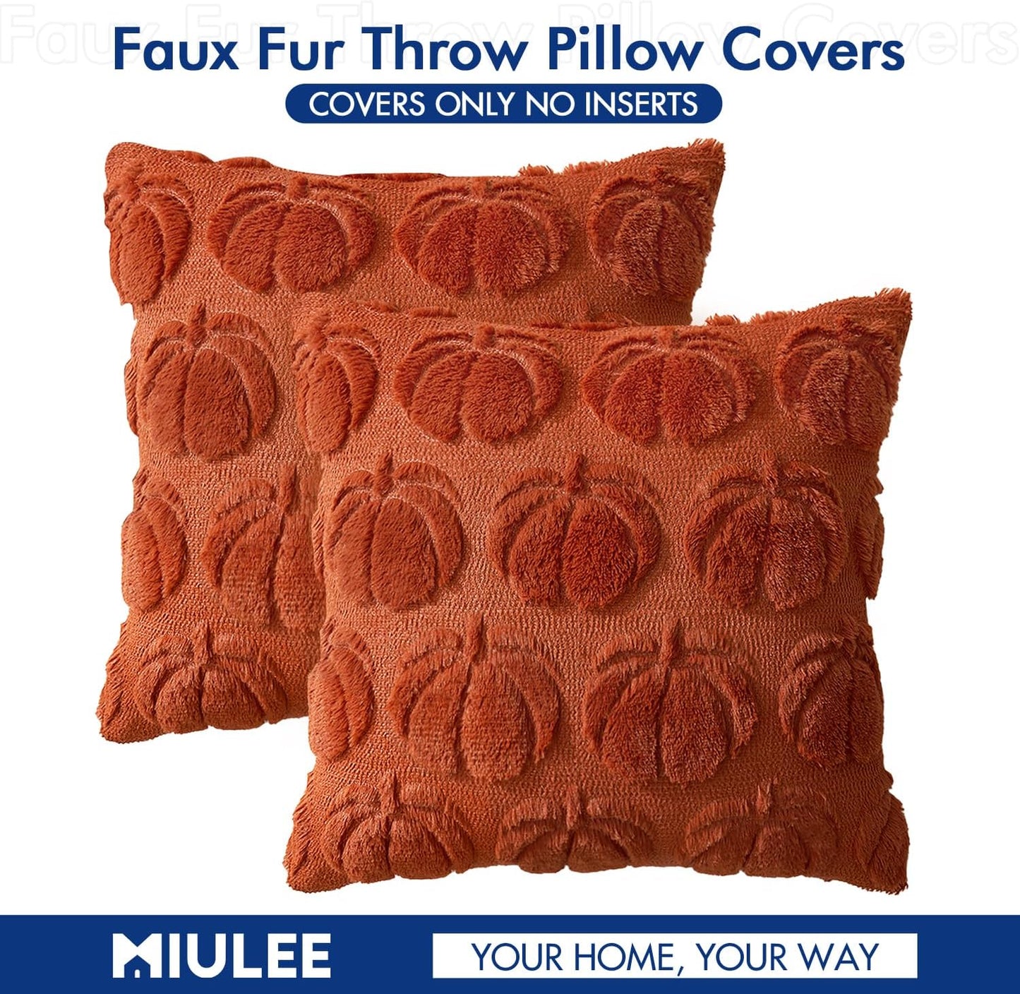 Fall Throw Pillow Covers 20X20 Set of 2 Autumn Decorations Rust Pumpkin Accent Pillowcase for Outdoor Porch Sofa Couch Bed Living Room Plush Faux Fur Halloween Farmhouse Home Decor