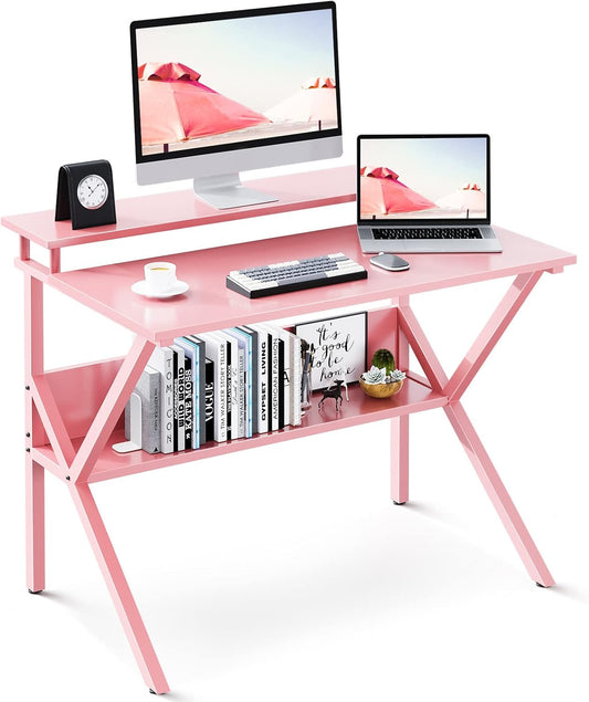Small Desk, 27.5 Inch Computer Desk for Small Spaces, Study Desk with Storage & Monitor Stand, Pink
