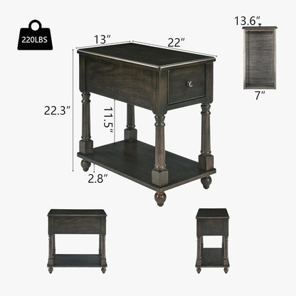 Solid Wood End Table Narrow Side Table with Drawer, Cherry Wood End Table Living Room, 13" W Slim Bedside Table Small Nightstand, 22" D X 22.7" H, No-Tools Assembly, Rustic Black BBJ-004-BK
