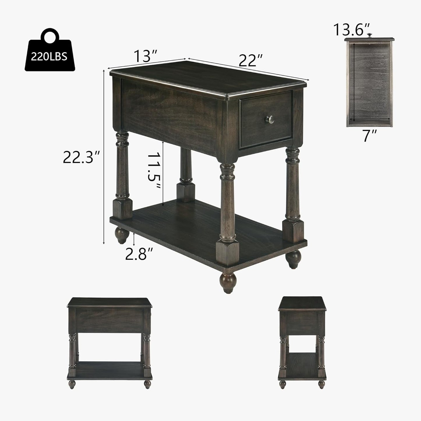 Narrow Open End Table with Drawer, Solid Wood Side Table 2-Tier Skinny Table with Storage Shelves Slim Nightstand Small Sofa End Table for Living Room Bedroom-Antique Black 004BK